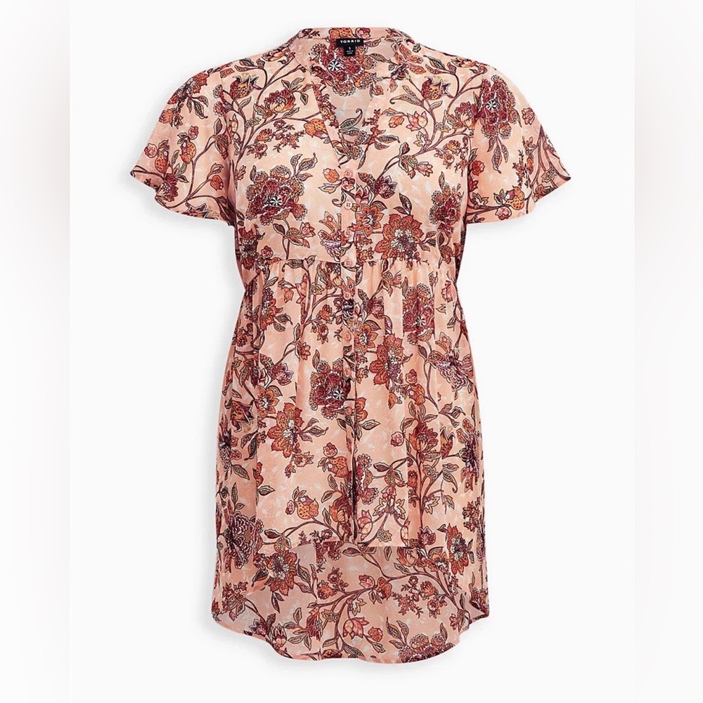 Torrid V-Neck Lexie Babydoll Top Chiffon Floral Pink/Peach Sheer Size 1 - Picture 3 of 10